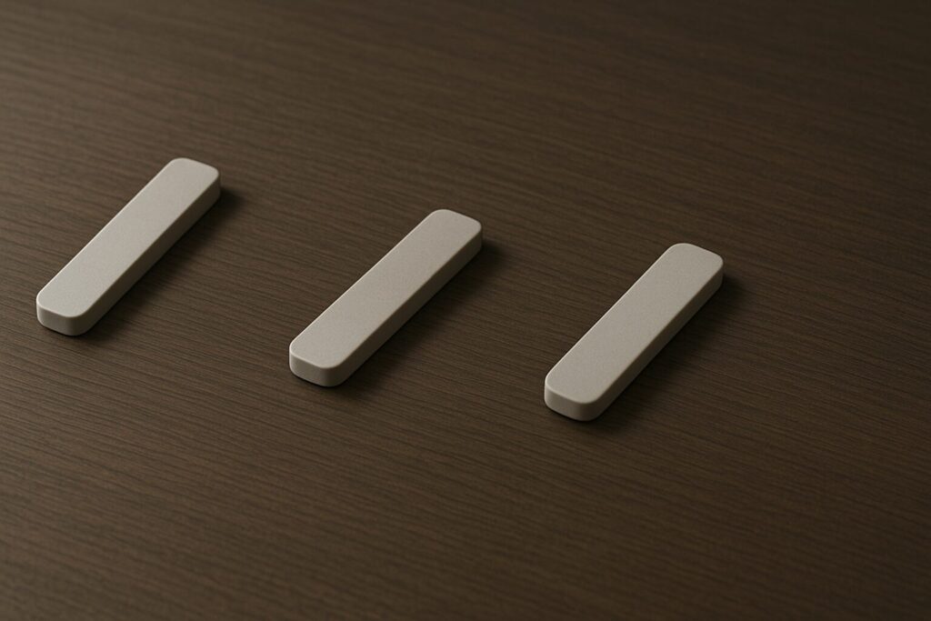 細長いチップ形オブジェが整列の途中で少しずれ、並べる動きがふっと止まる瞬間を示す構図。