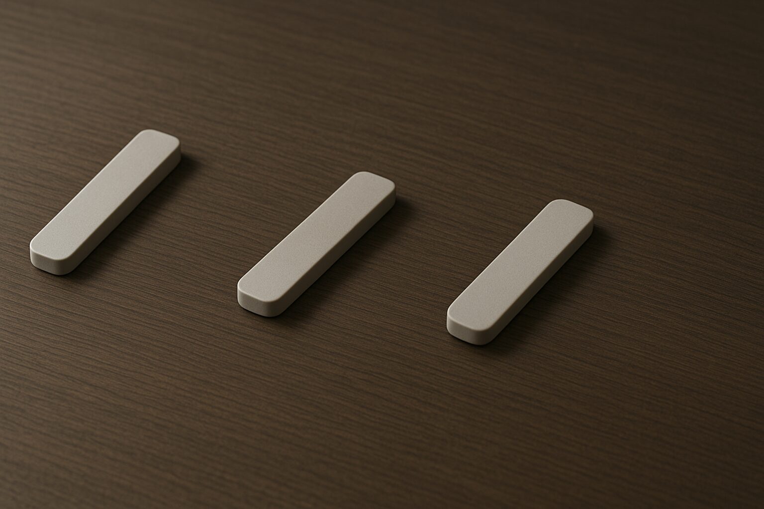 細長いチップ形オブジェが整列の途中で少しずれ、並べる動きがふっと止まる瞬間を示す構図。