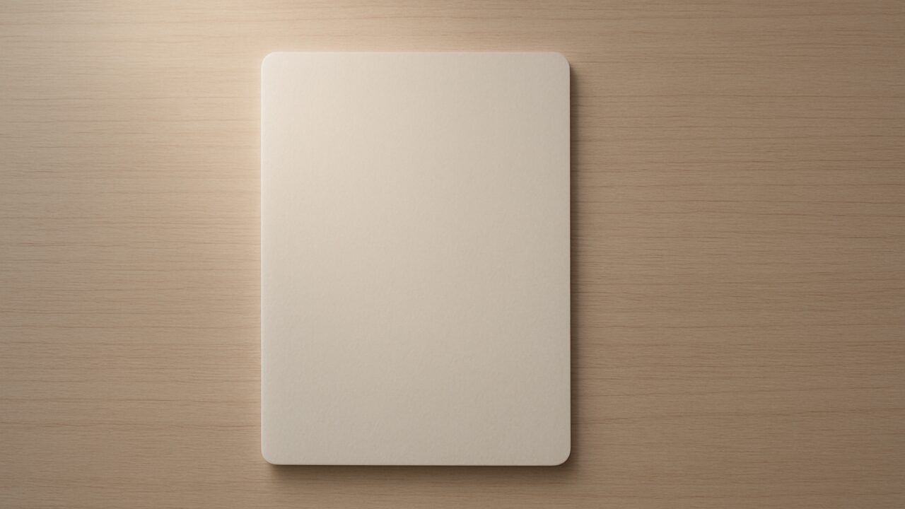 木目デスクの上で、中央の無地オブジェの輪郭が光に溶けるように淡く映り、手前と奥にごく浅い層の差が見える実写風シーン