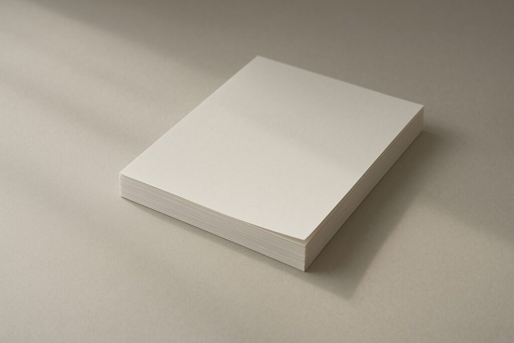 薄い紙束の角がわずかに浮き、同じ位置で動きがそっと止まる様子。