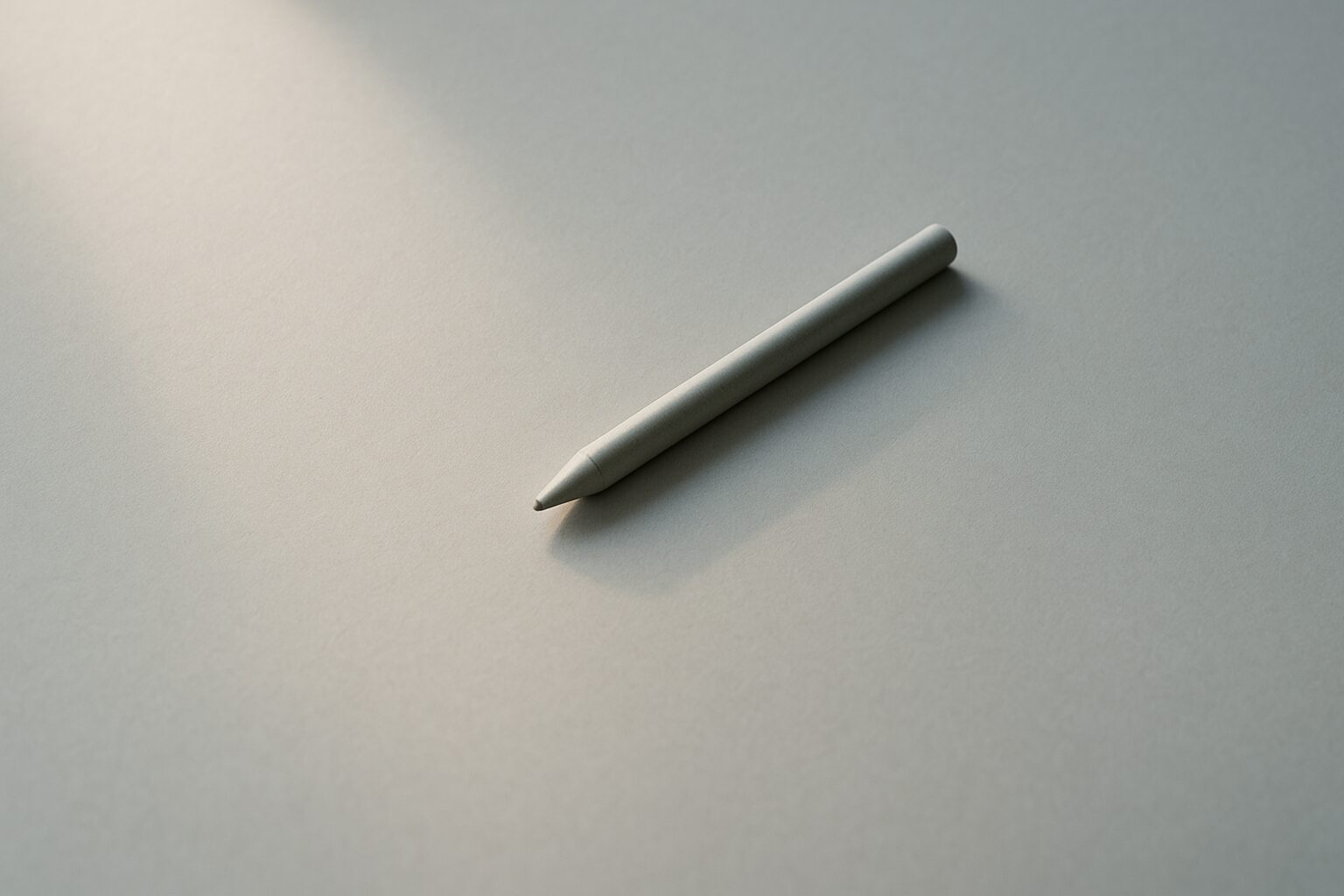 机の奥側に置いた細いペンの影が、光の当たり方で小さく揺れて見える様子。