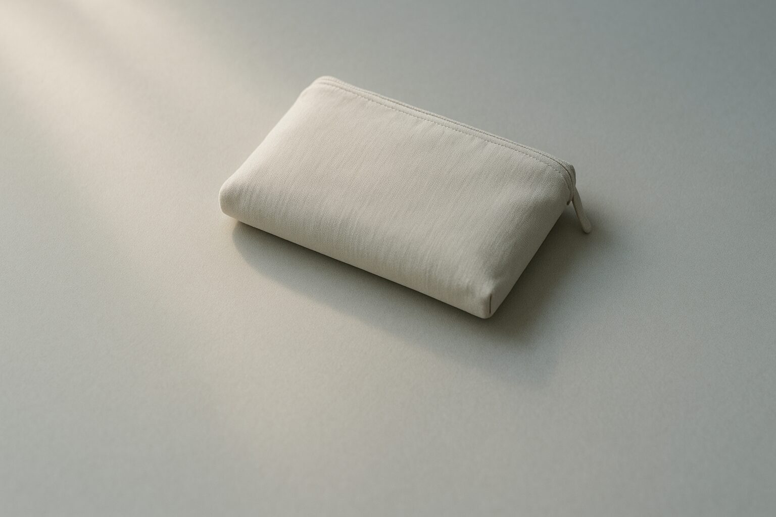 奥に置いた薄い布ポーチが、光の影響で手前に寄って見えるような瞬間。