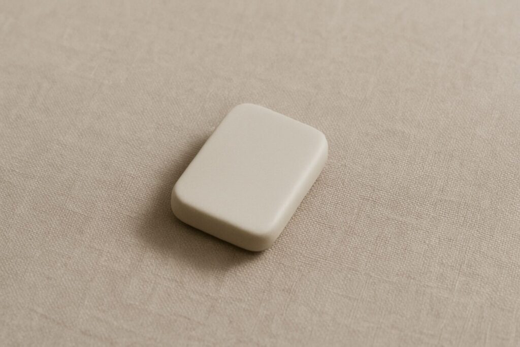 角度が手前方向とわずかにずれた小さなオブジェが置かれ、指先が触れる前に動きが止まる入口のずれを示す構図。