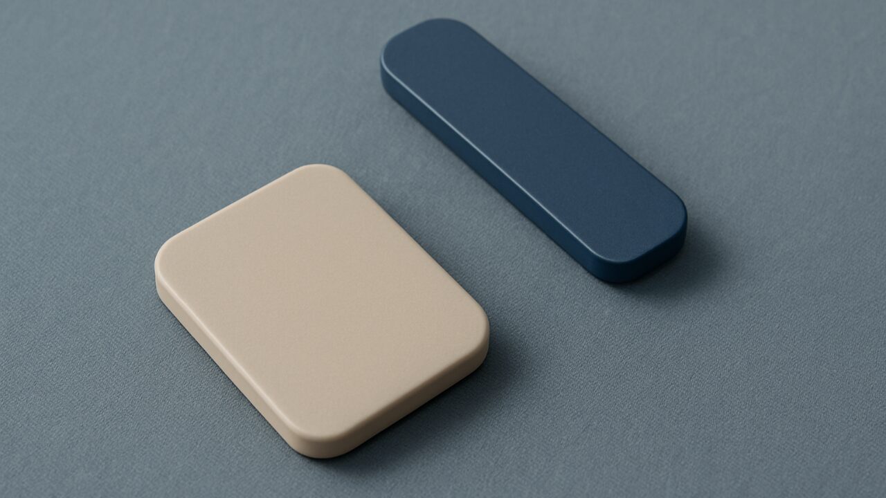 柔らかな布地の上に、向きの異なる二つの無地プレート形オブジェクトが置かれた実写風の構図。角度のずれが静かに読み取れるアイキャッチ。