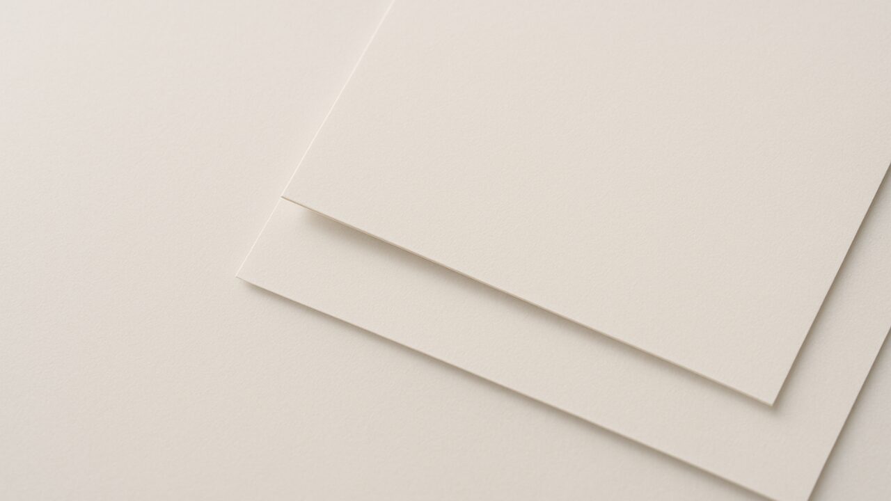 薄い白い板が少しずつずれて重なる抽象的な構図。面の位置が揺れるように見え、焦点が定まりにくい視界の印象を表現したアイキャッチ。