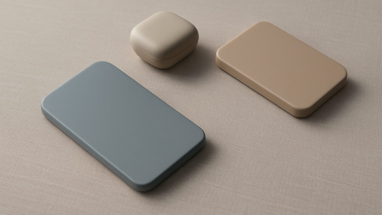 色味のあるミニマルなガジェット形オブジェクトが置き場を迷うように配置されたイメージ。