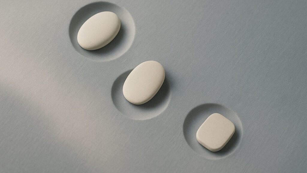 浅い凹みの中で、形がわずかに収まりきらず位置が揺れる小片が並ぶイメージ。