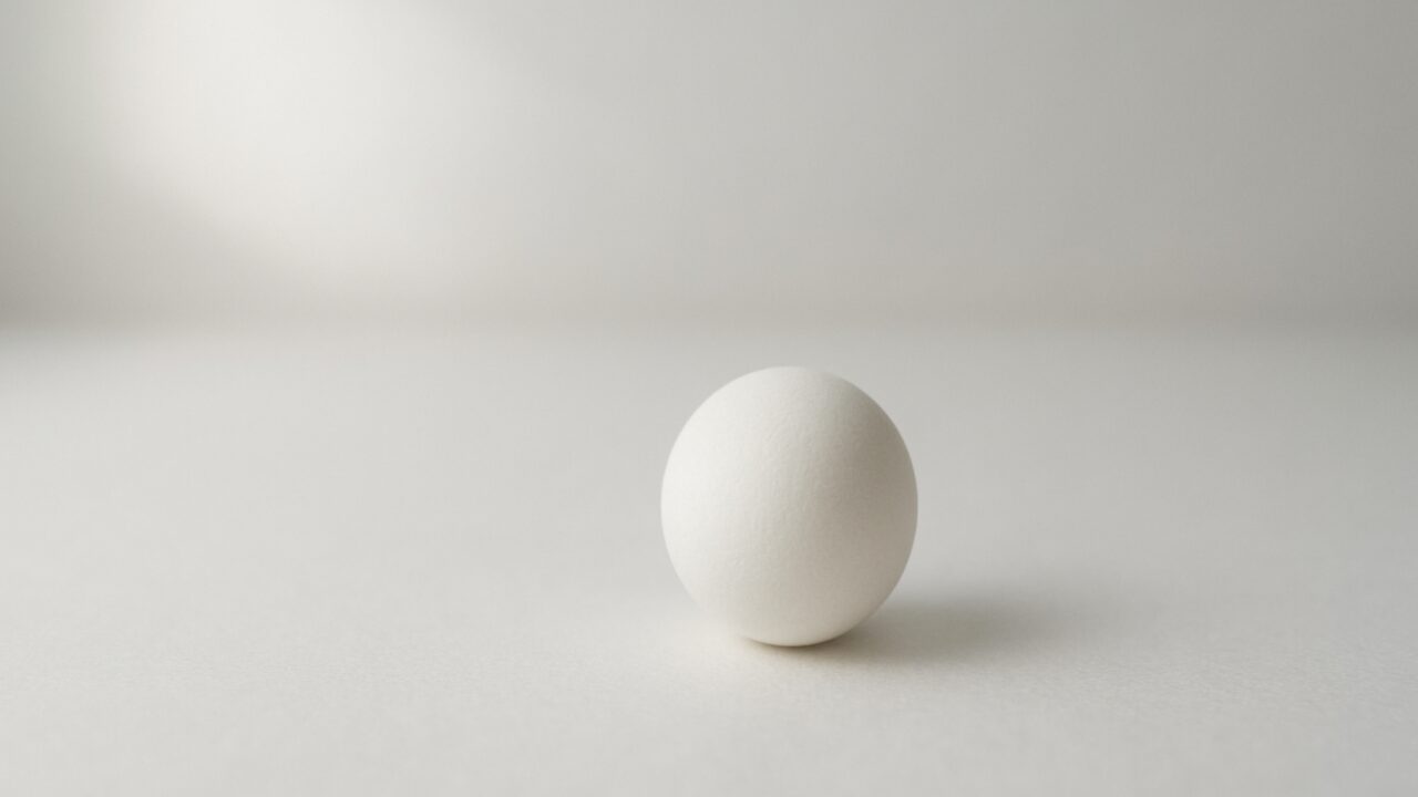 淡い自然光の中に、小さな白い球が静かに置かれた抽象的なシーン