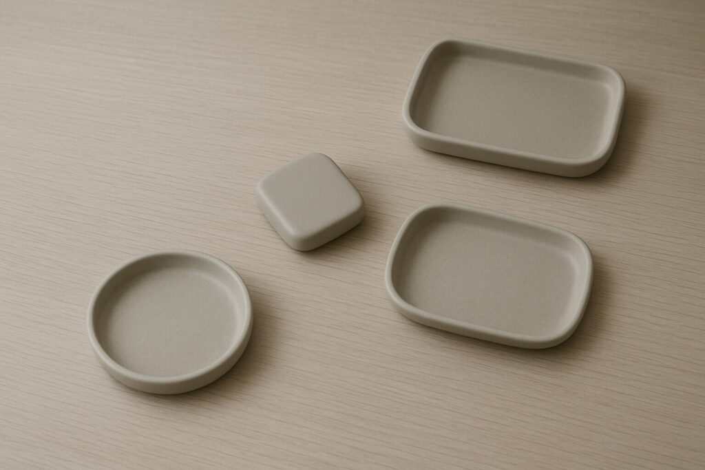 戻し場所のように見える浅いトレーがいくつか並び、小さなオブジェがどこに置くか迷う位置で止まっている様子を示す構図。